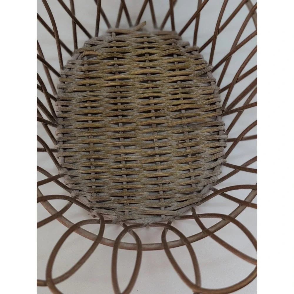 Vintage Bronze Wire Scalloped Petal Basket Woven Wicker Base Farmhouse Decor